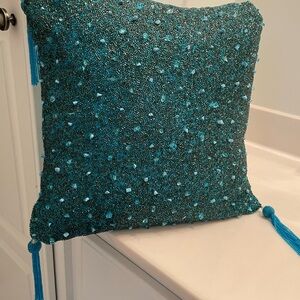 Beaded Teal Decorative Pillow with Tassels